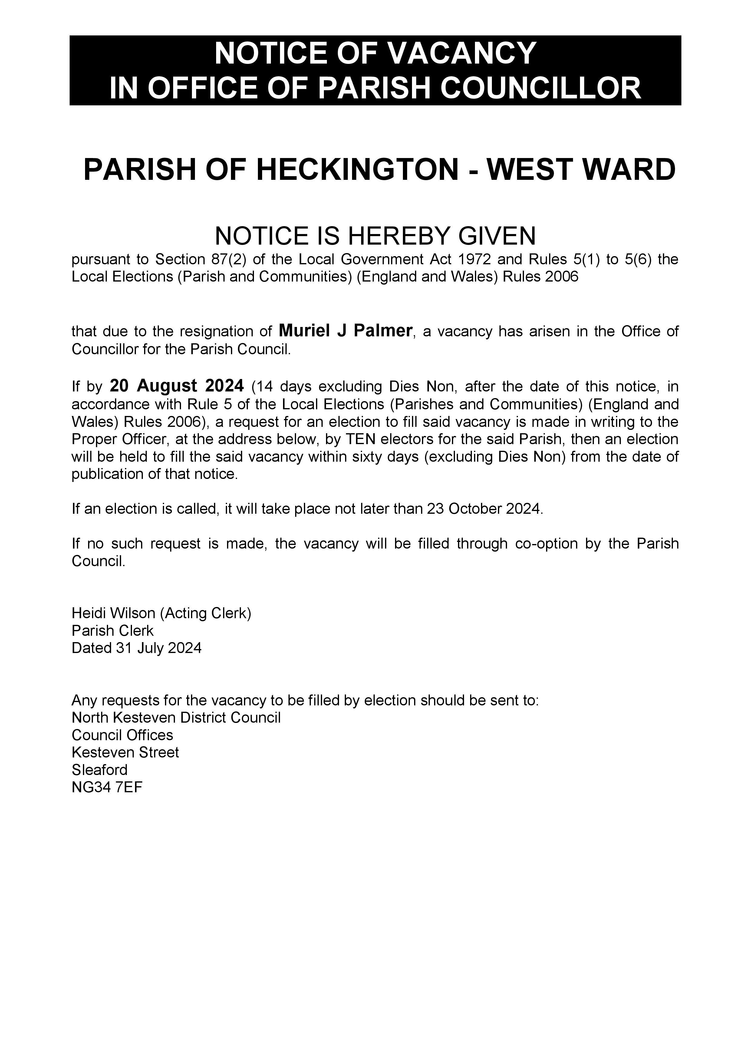 Notice of vacancy heckington west m j palmer